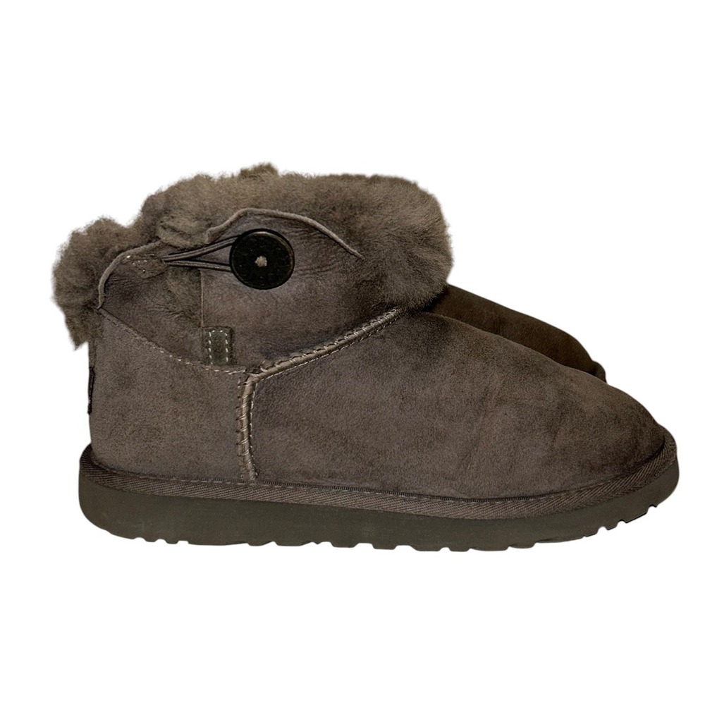 UGG Australia Bailey Button Mini Grey Suede Shearling Ankle Boots Apres Ski